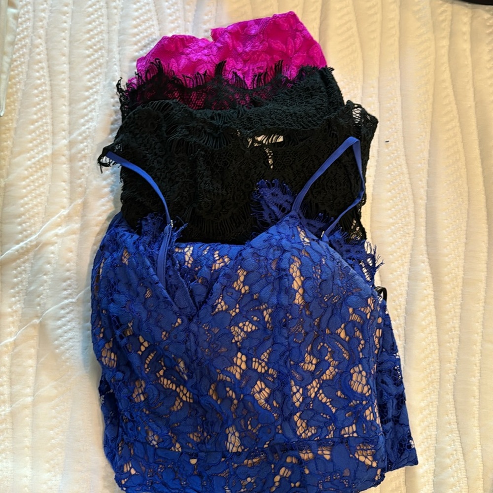 Three dresses worn once all lace cocktail party two Xsmall and blue small.